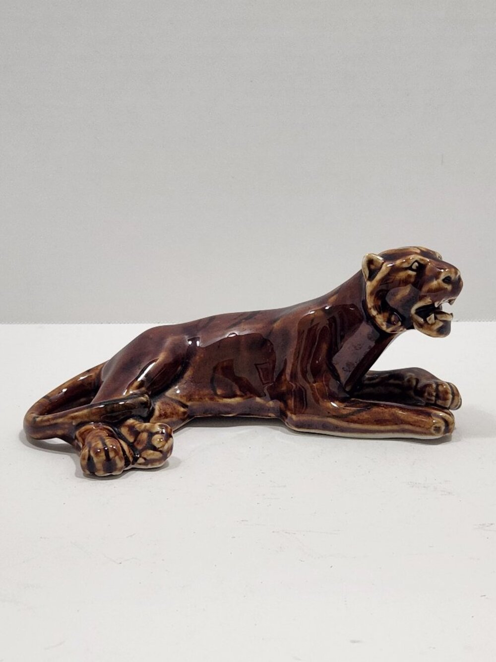 Vintage 60s Ceramic Tiger Stature Brown Drip Glaze & Crossed Paws